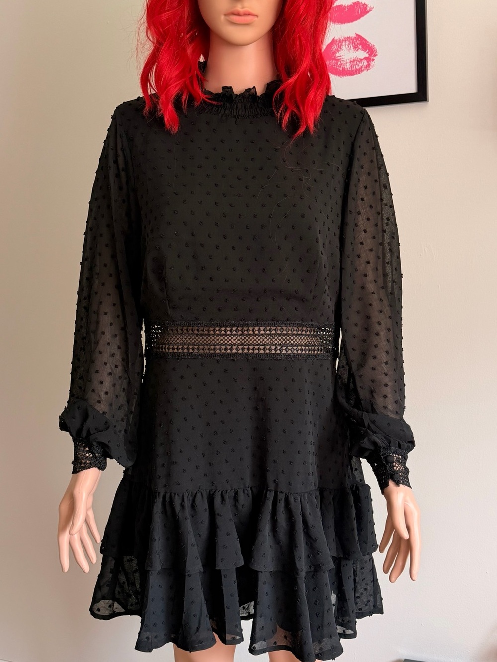 Showpo Black Swiss-Dot Long Sleeve Ruffle Dress